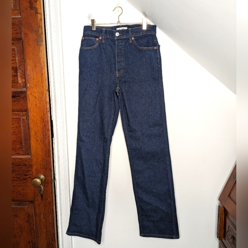Re/Done High-Rise Straight Leg Jeans in Dark Indigo